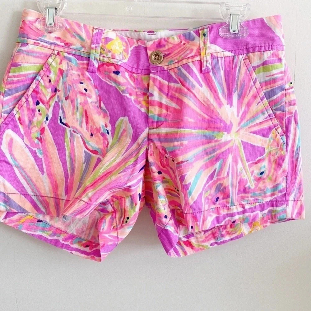 Lilly Pulitzer Callahan Purple Pink Palmetto Leaf Shorts Mid Rise Sz 2 - Picture 3 of 9